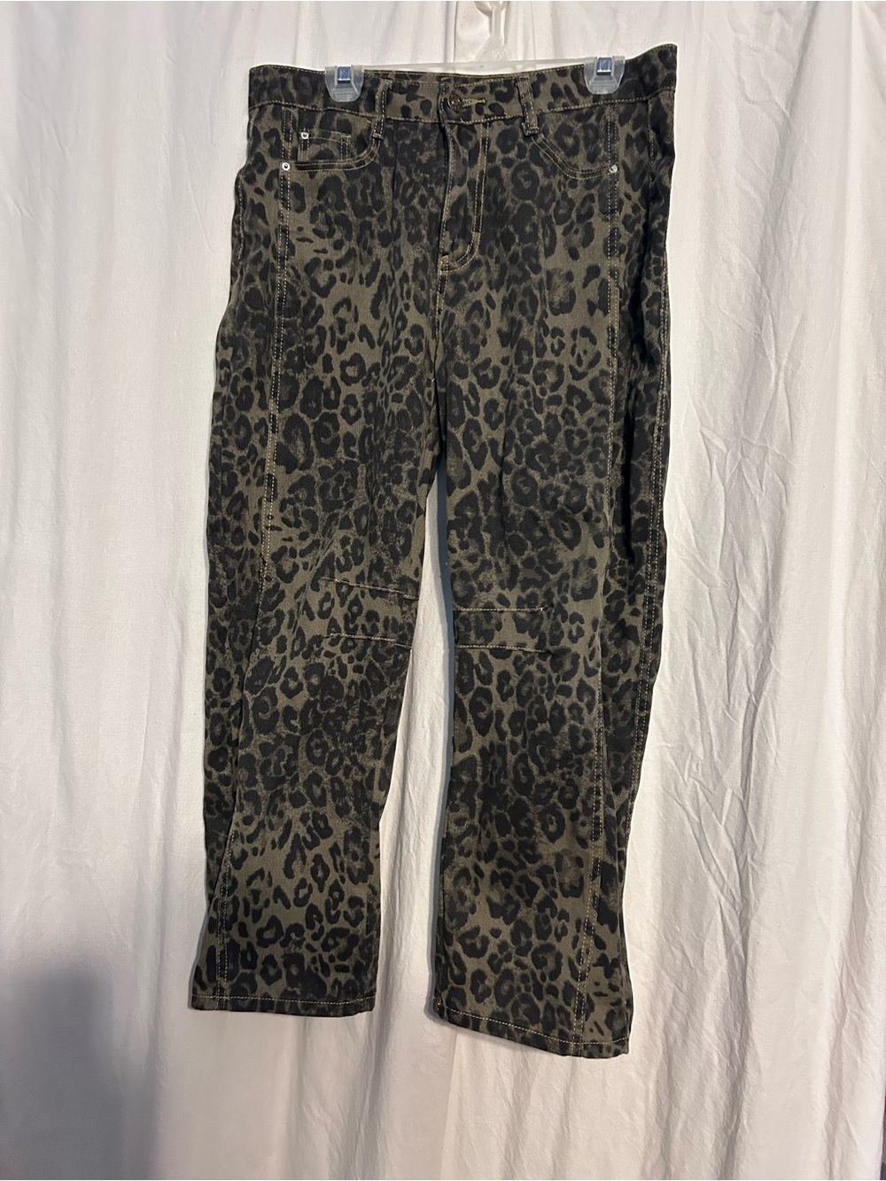 Leopard Print Straight Leg Pants - Olive & Black
